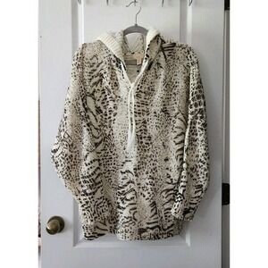 CUPIO Women's Soft Open Knit Hoodie Sweater animal‎ Print Ivory Size L